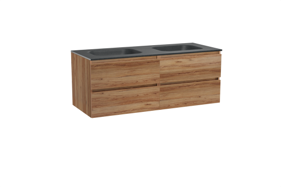 Balmani Lucida zwevend badkamermeubel 135 x 55 cm teak met Tablo Arcato dubbele wastafel in graniet zwart