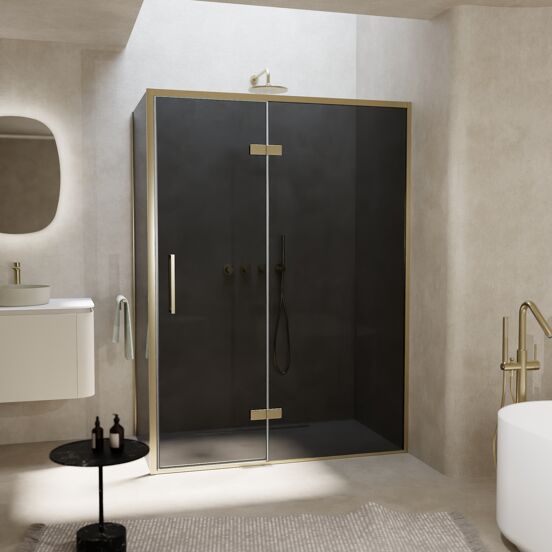 Balmani Senses Design douchehoek met rechtse draaideur en vaste zijwand, 140 x 80 cm, Rookglas, Brushed Champagne Gold profielen, met coating