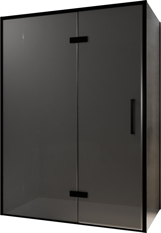 Balmani Senses Design douche en coin avec porte pivotante à gauche et paroi latérale fixe, 140 x 100 cm, Verre fumé, Profil noir