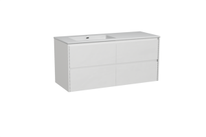Storke Seda zwevend badkamermeubel 130 x 52 cm mat wit met Diva asymmetrisch linkse wastafel in composietmarmer glanzend wit