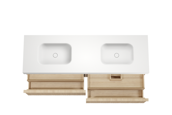 Balmani Forma zwevend badkamermeubel 180 x 55 cm natuur eik met Arcato dubbele wastafel in solid surface mat wit, Verticale asymmetrische ronde ribbel