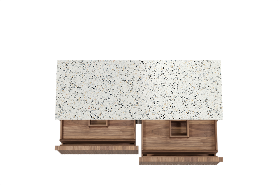 Balmani Forma zwevend badkamermeubel 150 x 55 cm amerikaanse notelaar met Stretto enkel of dubbel tablet in mat wit/zwart terrazzo, Verticale asymmetrische ronde ribbel