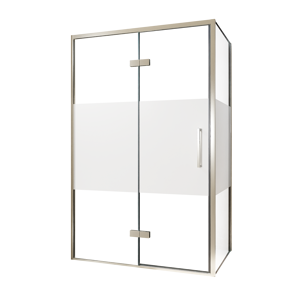 Balmani Senses Design douche en coin avec porte pivotante à gauche et paroi latérale fixe, 120 x 80 cm, Verre transparent avec bande matte, Profil Brushed CoolMetal