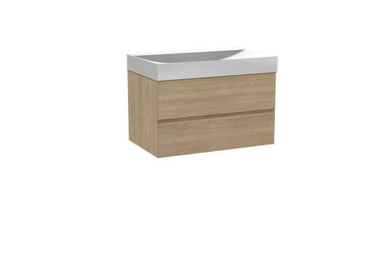 Balmani Mitra zwevend badkamermeubel 90 x 55 cm natuur eik met Wave enkele wastafel in solid surface mat wit