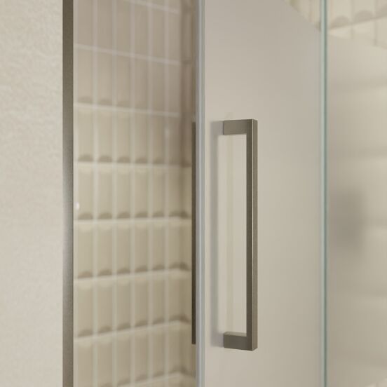Balmani Senses Design Dusche Drehtür, Rechts, 120 cm x 210 cm, Klarglas mit mattiertem Streifen, Profil Brushed GunMetal, inklusive Coating