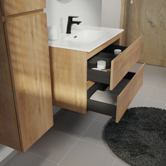 Linie Lado meuble salle de bains suspendu 80 x 46 cm chêne naturel avec Baro plan simple en porcelaine blanc brillant
