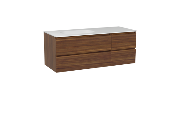 Balmani Lucida meuble salle de bains suspendu 135 x 55 cm noyer américain avec Tablo Oval vasque asymétrique gauche en solid surface blanc mat