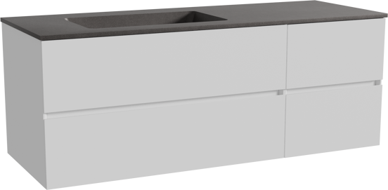 Storke Edge zwevend badmeubel 140 x 52 cm mat wit met Scuro asymmetrisch linkse wastafel in kwarts mat zwart