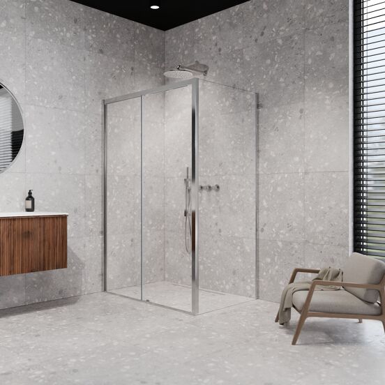 Balmani Senses Design douchehoek met linkse schuifdeur en vaste zijwand, 120 x 100 cm, Helder glas, Glanzend chroom profielen, met coating