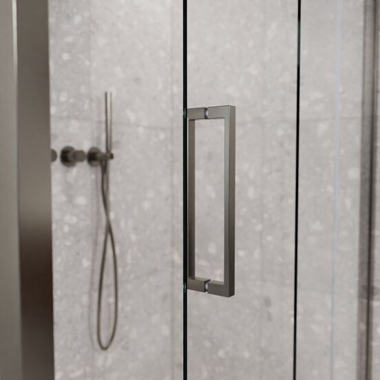 Balmani Senses Design douchecabine met rechtse schuifdeur en vaste zijwand, 140 x 100 cm, Helder glas, Brushed GunMetal profielen