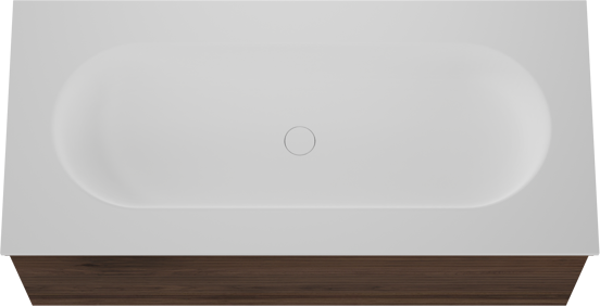Balmani Forma zwevend badmeubel 120 x 55 cm amerikaans notenhout met Tablo Oval enkele wastafel voor 2 kraangaten in solid surface mat wit, Horizontale symmetrische rechte ribbel