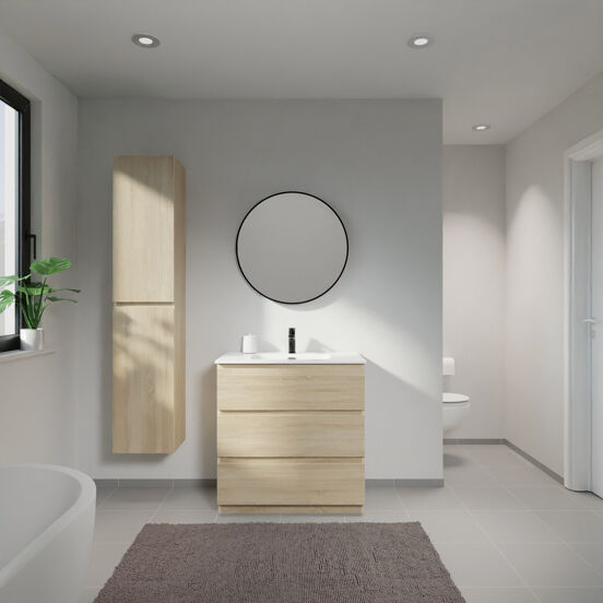 Linie Lado staand badmeubel 80 x 46 cm wit eiken met Baro enkele wastafel in porselein hoogglans wit