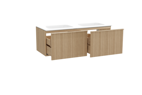 Balmani Forma zwevend badkamermeubel 135 x 55 cm natuur eik met Tablo Strada dubbele wastafel in composietmarmer mat wit, Verticale asymmetrische ronde ribbel