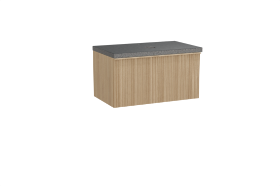 Balmani Forma hängendes Möbelstück Set: 90 x 55 cm, Naturbelassene Eiche, mit Rock Einzel Waschtischplatte, Granit, Schwarzes Granit, Vertikale asymmetrische Runde Rippe