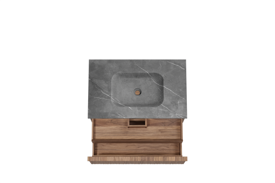 Balmani Forma hängendes Möbelstück Set: 90 x 55 cm, Amerikanischer Nussbaum, mit Tablo Arcato Einzelwaschtisch, Marmor, Pietra Grey, Vertikale asymmetrische Runde Rippe