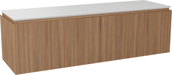 Balmani Eclips meuble salle de bains suspendu 180 x 55 cm Teck avec Eclips tablette simple ou double en Solid Surface blanc mat, Nervure droite symétrique verticale