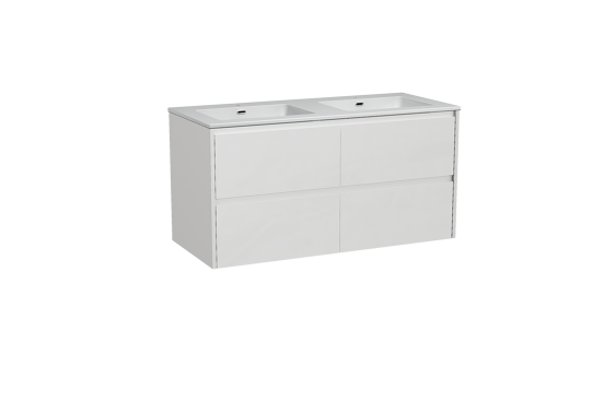 Storke Seda meuble salle de bains suspendu 120 x 52 cm blanc mat avec Diva double vasque en marbre composite blanc brillant