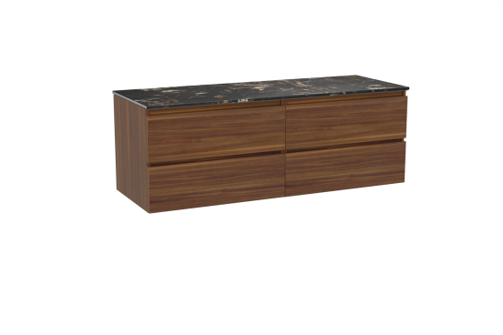 Balmani Lucida hängendes Möbelstück Set: 150 x 55 cm, Amerikanischer Nussbaum, mit Stretto Einzel- oder Doppel Waschtischplatte, Marmor Portoro Gold