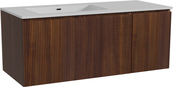 Storke Ribs zwevend badmeubel 120 x 52 cm notenhout met Diva asymmetrisch linkse wastafel in composietmarmer hoogglans wit, Verticale symmetrische rechte ribbel