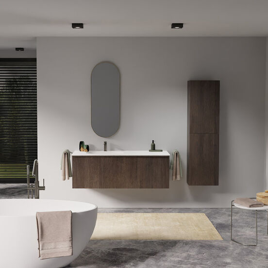 Balmani Forma meuble salle de bains suspendu 135 x 55 cm chêne fumé avec Tablo Oval vasque asymétrique gauche en solid surface blanc mat, Nervure droite symétrique verticale