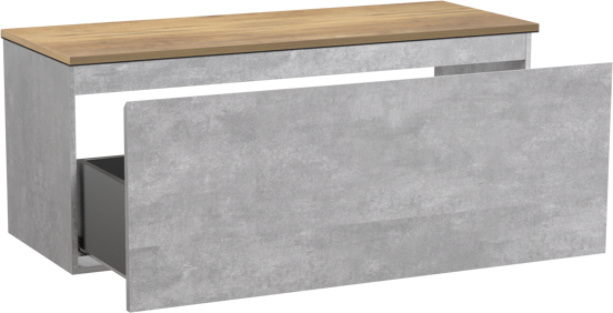 Linie Lado hängendes Badmöbel-Set, 120 x 46 cm, Beton dunkelgrau, mit Lado Einzel- oder Doppelwaschtischplatte, Melamin in NaturEiche 1 Schublade