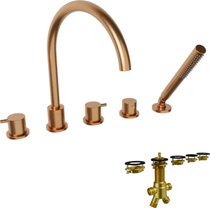 Blaufoss Round 5-Loch Badewannenrandarmatur: Brushed Rosegold, inkl. Handbrauseset