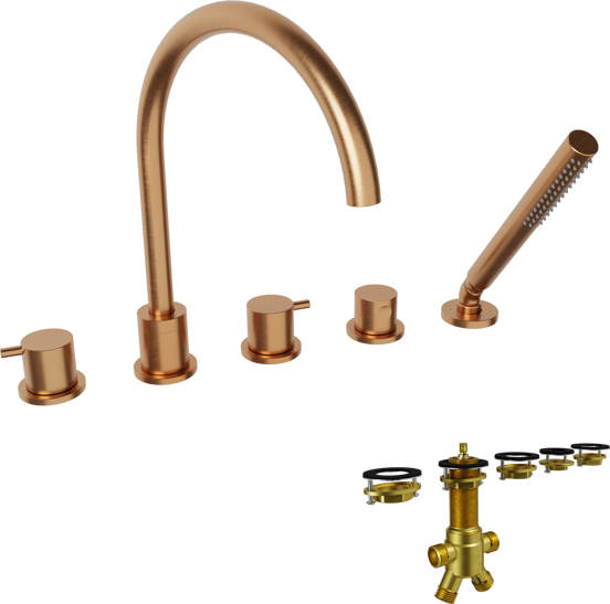 Blaufoss Round 5 trous Robinet de baignoire sur gorge Brushed Rosegold set douchette incl.