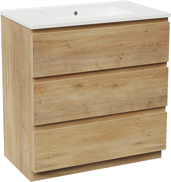 Linie Lado freistehendes Möbelstück Set: 80 x 46 cm, Naturbelassene Eiche, mit Vano Einzelwaschtisch, Marmorkomposit Weiß glänzend