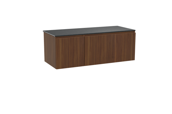 Balmani Sfera hängendes Möbelstück Set: 135 x 55 cm, Amerikanischer Nussbaum, mit Stretto Einzel- oder Doppel Waschtischplatte, Schwarzes Granit