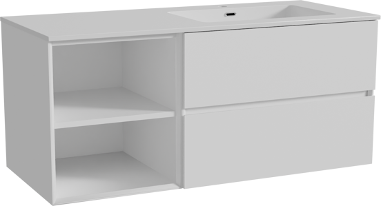 Storke Edge meuble salle de bains suspendu 120 x 52 cm blanc mat avec Diva plan vasque asymétrique à droite en marbre composite blanc brillant
