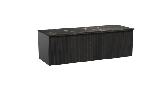 Balmani Forma zwevend badkamermeubel 150 x 55 cm zwarte eik met Stretto enkel of dubbel tablet in marmer portoro gold, Verticale symmetrische rechte ribbel