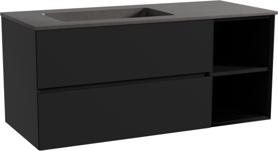 Storke Edge zwevend badmeubel 120 x 52 cm mat zwart met Scuro asymmetrisch linkse wastafel in kwarts mat zwart