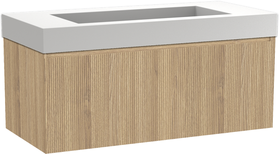 Balmani Fila hängendes Möbelstück Set: 120 x 55 cm, Naturbelassene Eiche, mit Modus Einzelwaschtisch für 2 Armaturenlöcher, Solid Surface, Weiß matt, Vertikale symmetrische gerade Rippe
