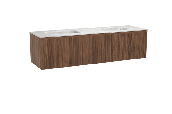 Balmani Fila hängendes Möbelstück Set: 180 x 55 cm, Nussbaum, mit Tablo Arcato Doppelwaschtisch, Marmor, Carrara, Vertikale symmetrische gerade Rippe