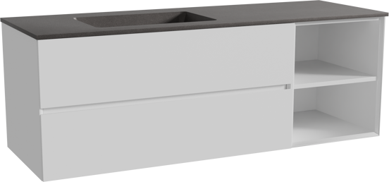 Storke Edge zwevend badmeubel 150 x 52 cm mat wit met Scuro asymmetrisch linkse wastafel in kwarts mat zwart