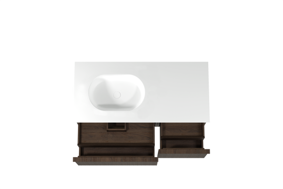 Balmani Forma meuble salle de bains suspendu 120 x 55 cm chêne fumé avec Tablo Oval plan vasque asymétrique à gauche en solid surface blanc mat, Nervure droite symétrique verticale