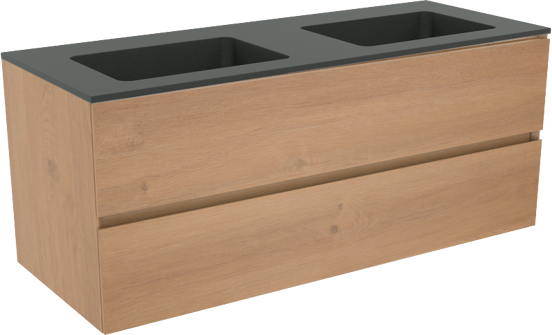 Storke Edge zwevend badkamermeubel 120 x 46 cm ruwe eik met Scuro dubbele wastafel in kwarts mat zwart