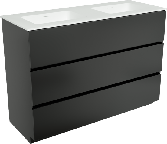 Storke Edge freistehendes Möbelstück Set: 120 x 46 cm, Schwarz matt, mit Mata Doppelwaschtisch, Solid Surface Weiß matt