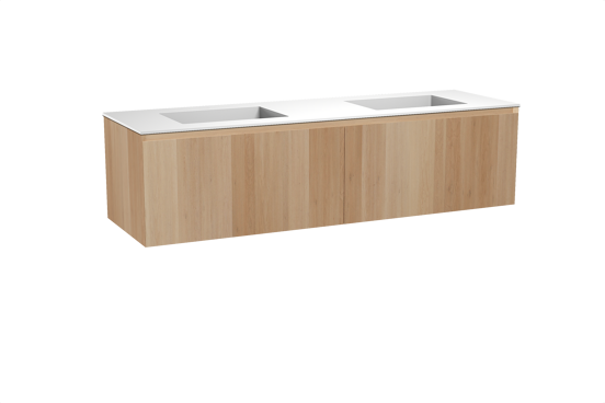 Balmani Idra zwevend badkamermeubel 180 x 55 cm natuur eik met Tablo Stretto dubbele wastafel in solid surface mat wit