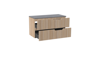 Linie Ribbo meuble salle de bains suspendu 100 x 46 cm chêne clair avec Lado tablette simple ou double en mélaminé béton gris foncé, Nervure circulaire symétrique verticale