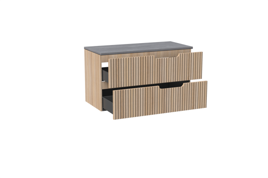 Linie Ribbo zwevend badmeubel 100 x 46 cm licht eiken met Lado enkel of dubbel wastafelblad in melamine beton donkergrijs, Verticale symmetrische ronde ribbel