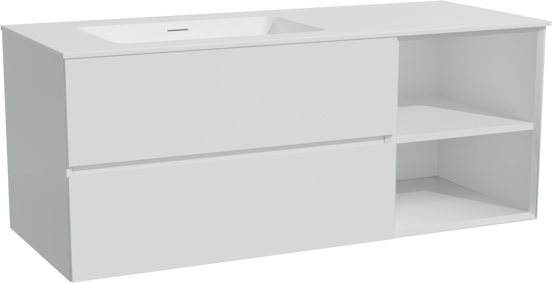 Storke Edge zwevend badmeubel 130 x 52 cm hoogglans wit met Mata asymmetrisch linkse wastafel in solid surface mat wit