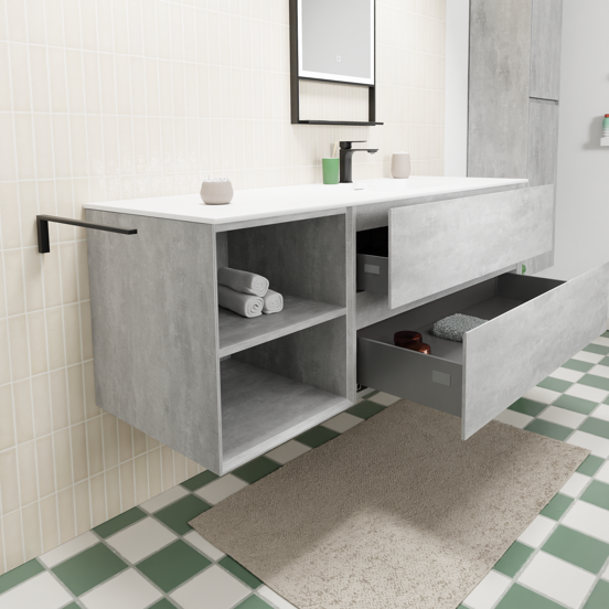 Storke Edge meuble salle de bains suspendu 150 x 52 cm béton gris foncé avec Mata plan vasque asymétrique à droite en solid surface blanc mat