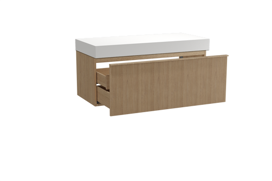 Balmani Forma hängendes Möbelstück Set: 120 x 55 cm, Naturbelassene Eiche, mit Dominus Einzel- oder Doppel Waschtischplatte, Solid Surface, Weiß matt, Vertikale symmetrische gerade Rippe