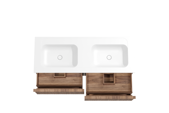 Balmani Forma meuble salle de bains suspendu 150 x 55 cm noyer américain avec Tablo Strada double vasque en marbre composite blanc mat, Nervure circulaire asymétrique verticale