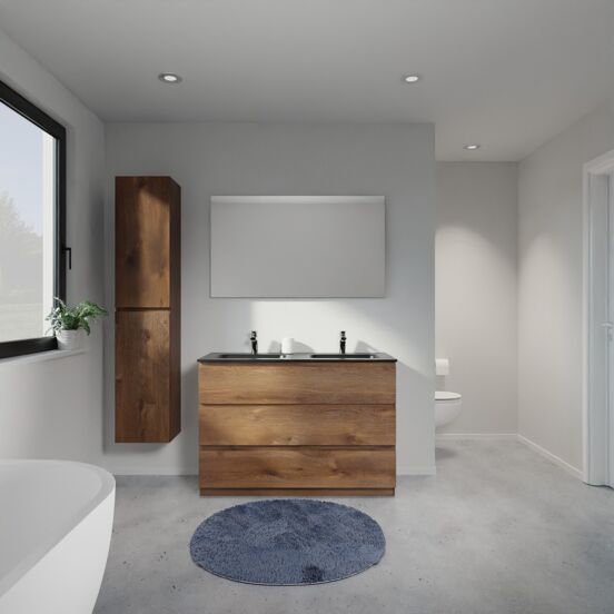 Linie Lado staand badmeubel 120 x 46 cm bruin eiken met Baro dubbele wastafel in porselein mat zwart