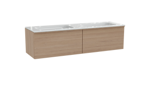 Balmani Forma zwevend badkamermeubel 180 x 55 cm natuur eik met Tablo Strada dubbele wastafel in composietmarmer glanzend wit, Horizontale symmetrische rechte ribbel