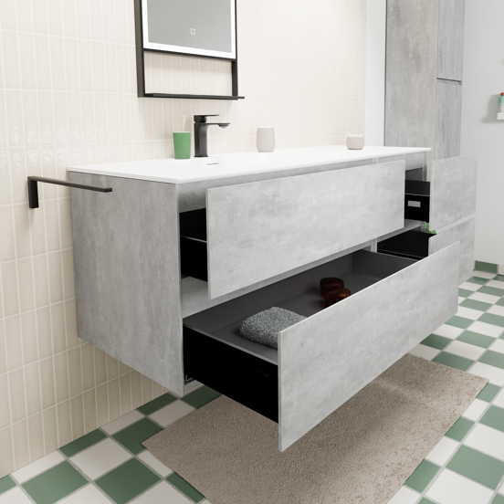 Storke Edge zwevend badmeubel 140 x 52 cm beton donkergrijs met Mata asymmetrisch linkse wastafel in solid surface mat wit