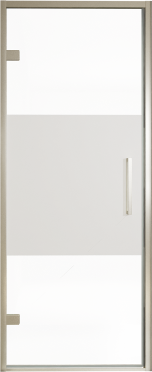 Balmani Senses Design Dusche Drehtür, Links, 90 cm x 210 cm, Klarglas mit mattiertem Streifen, Profil Brushed CoolMetal