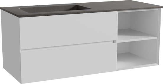 Storke Edge zwevend badmeubel 130 x 52 cm mat wit met Scuro asymmetrisch linkse wastafel in kwarts mat zwart